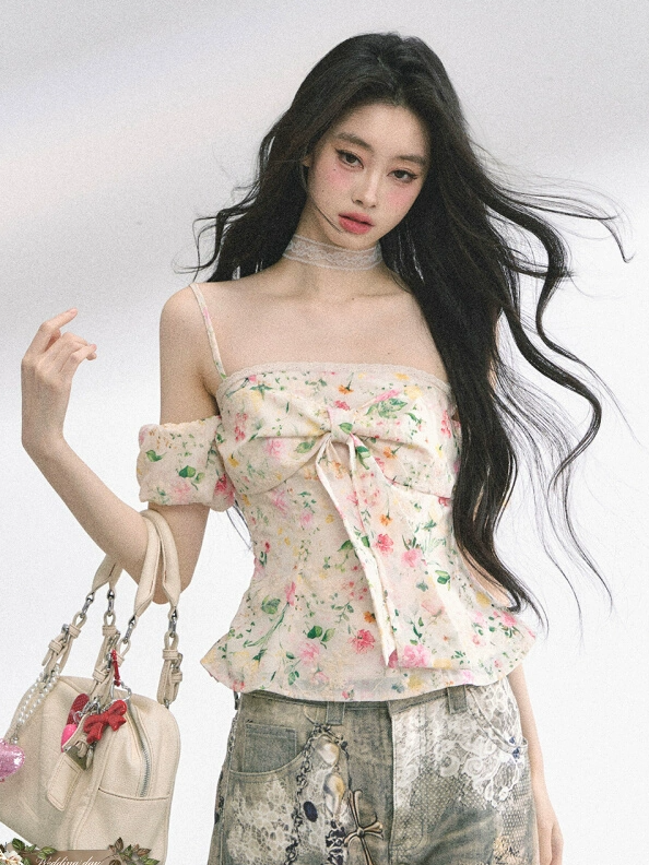 Big Bow Neckline White/Floral/Blue Off-the-shoulder Neckline Top