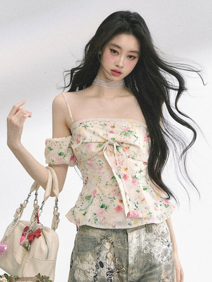 Big Bow Neckline White/Floral/Blue Off-the-shoulder Neckline Top