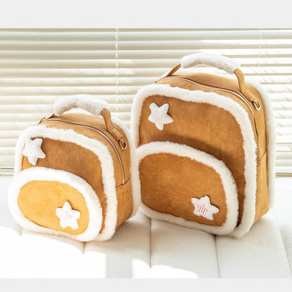 Warmy Large-Sized Brown Backpack With Plush Trim In Kawaii Style