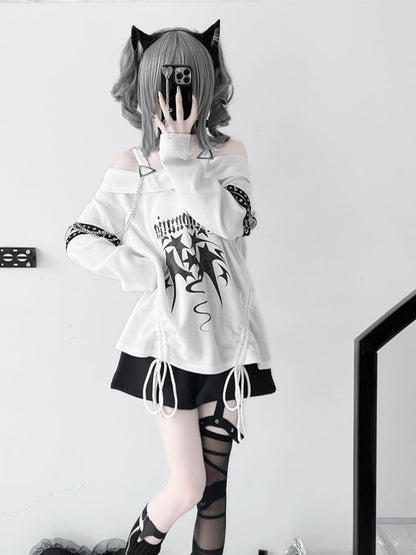 White Off-the-shoulder Neckline Drawstring Design Punk Top