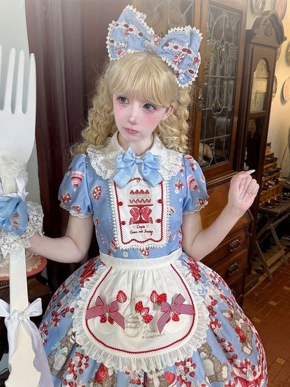 Red Strawberry Embroidery Bowknots Decorated Self-tie Apron