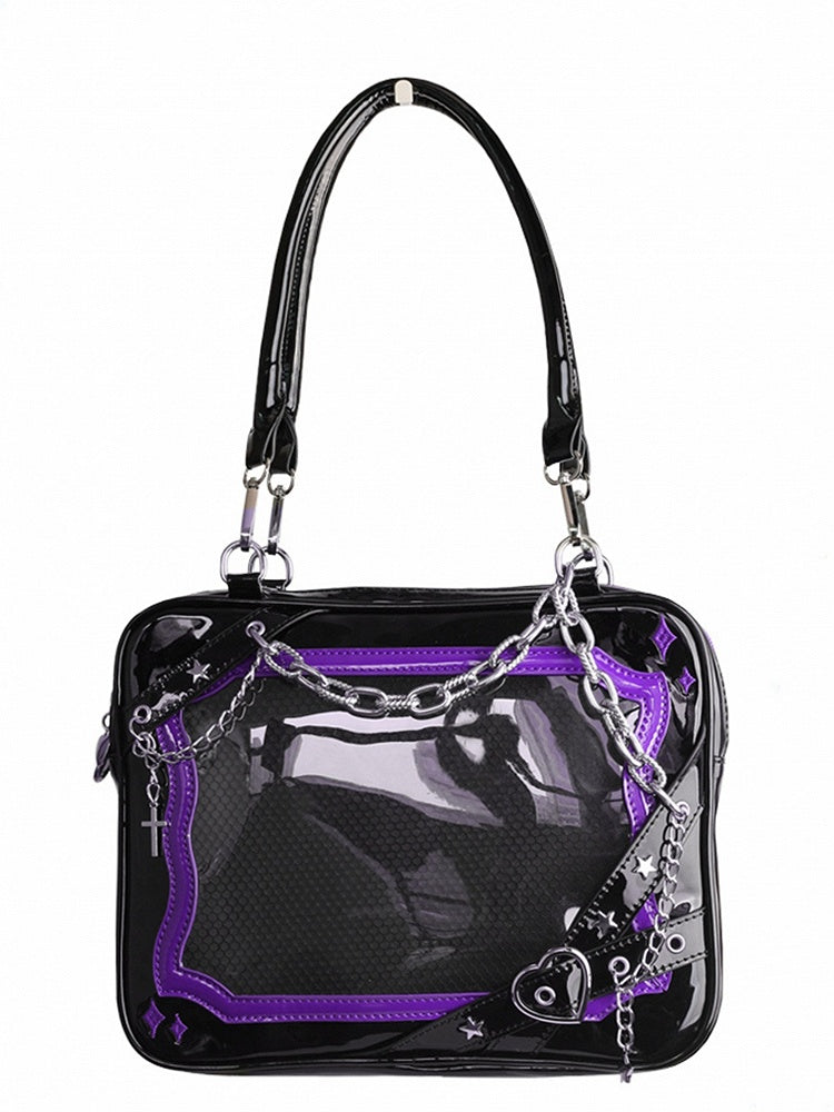 Black & Purple Crisscross Strap Ita Shoulder Bag with Cross Charm Chain