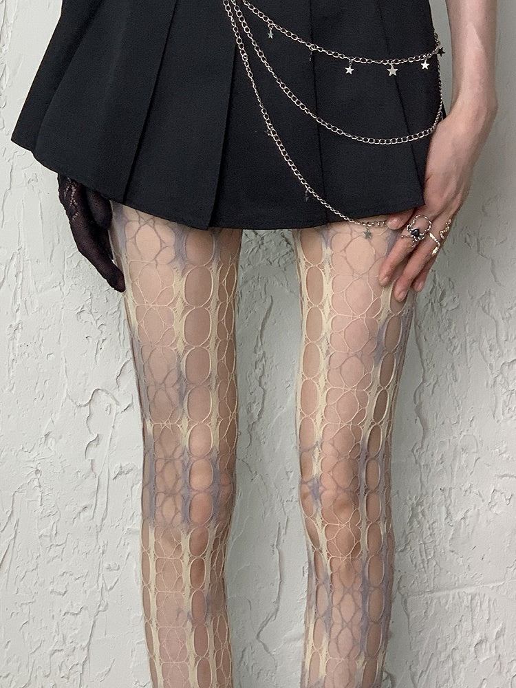 Gray Yellow/Pink Blue Tie-Dye Y2K Cut-out Design Fishnet Tights