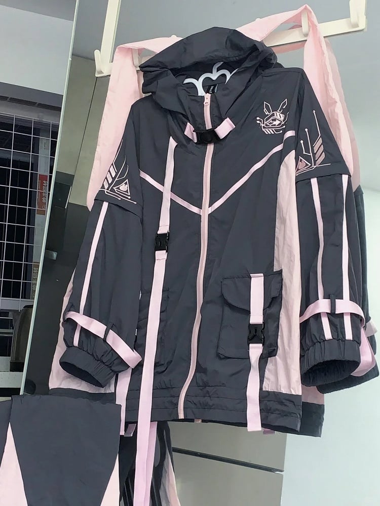 Black & Pink Bunny Ear Colorblock Design Jersey Maid Jirai Kei Hooded Jacket/Leg Warmers