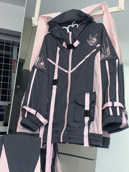 Black & Pink Bunny Ear Colorblock Design Jersey Maid Jirai Kei Hooded Jacket/Leg Warmers