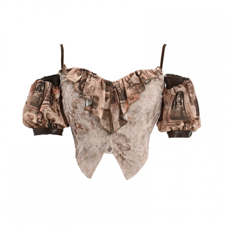 Clearance - Size M for Bust 82-90cm Pictorial Print Neckline Summer Cami Top with Detachable Puff Sleeves