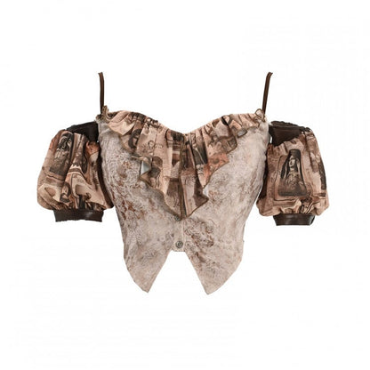 Clearance - Size M for Bust 82-90cm Pictorial Print Neckline Summer Cami Top with Detachable Puff Sleeves