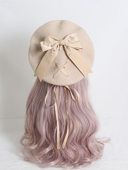 Beige / Camel Sweet Lolita Beret With Khaki Bowknot Ribbon