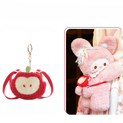 Pink Rabbit Bowknot Lace Details Plush Backpack + Keychain