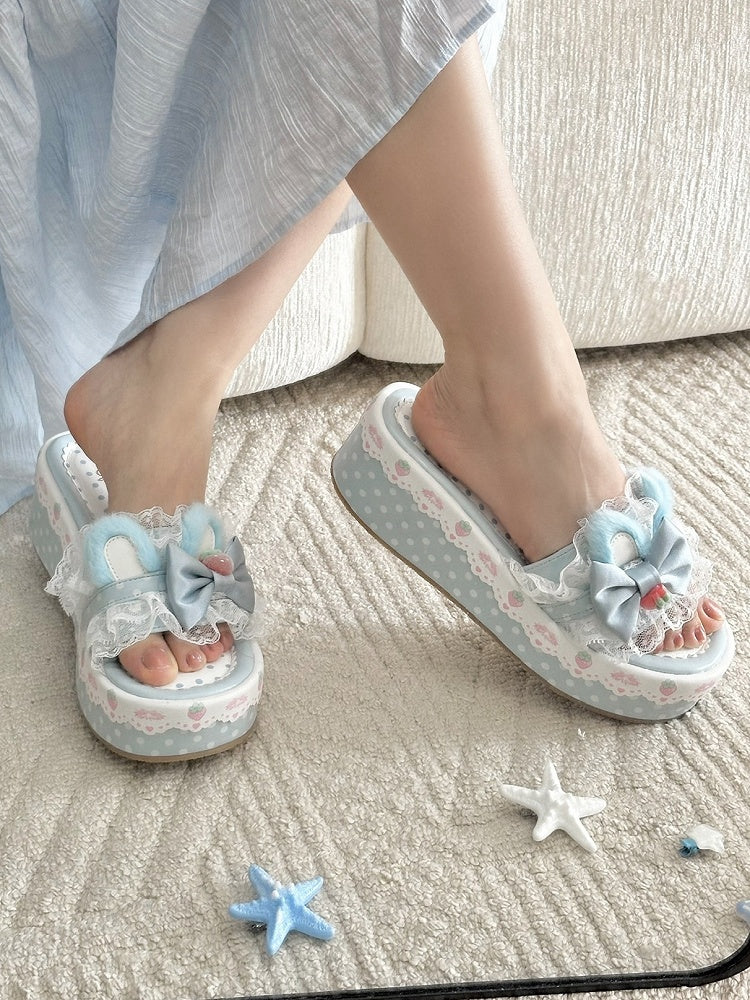Blue Sweet Lolita Bow Accents Lace Trim Plush Bunny Ear Platform Slippers