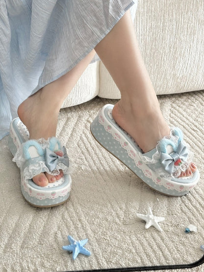 Blue Sweet Lolita Bow Accents Lace Trim Plush Bunny Ear Platform Slippers