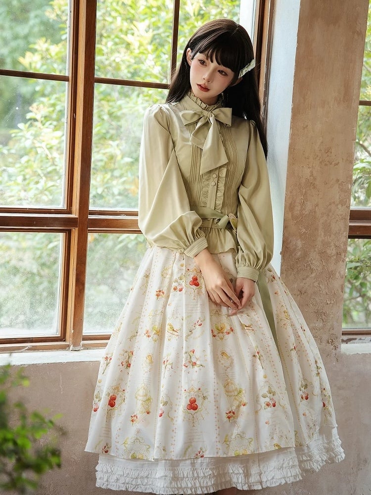 Green Long Sleeves Lolita Blouse with Lace-Up Back and Ruffled Details