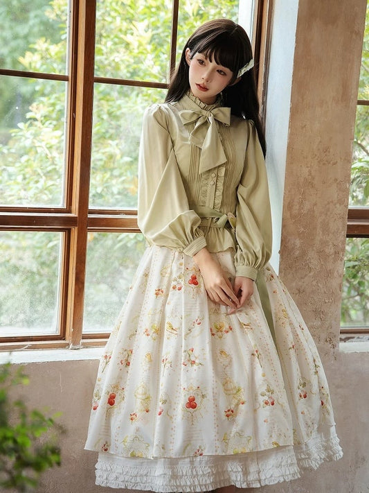 Green Long Sleeves Lolita Blouse with Lace-Up Back and Ruffled Details