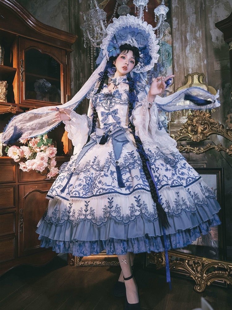 Butterfly Fabric Blue and White Porcelain Embroidery Chinoiserie Style Lolita Dress Long Version