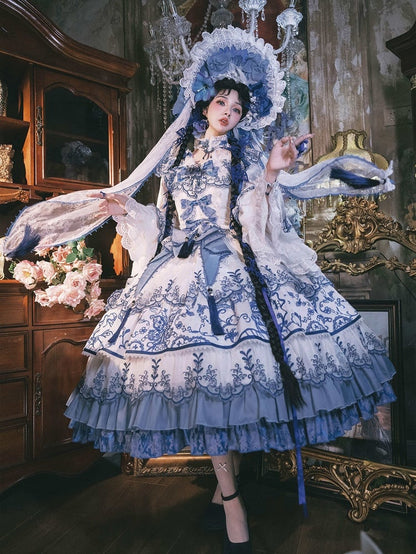 Butterfly Fabric Blue and White Porcelain Embroidery Chinoiserie Style Lolita Dress Long Version
