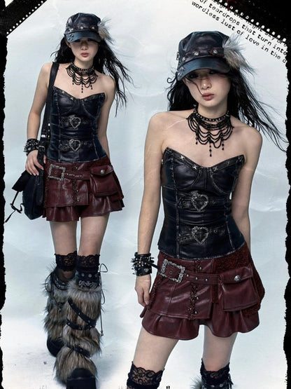 Black PU Bustier Top with Heart-Shaped Buckle Design