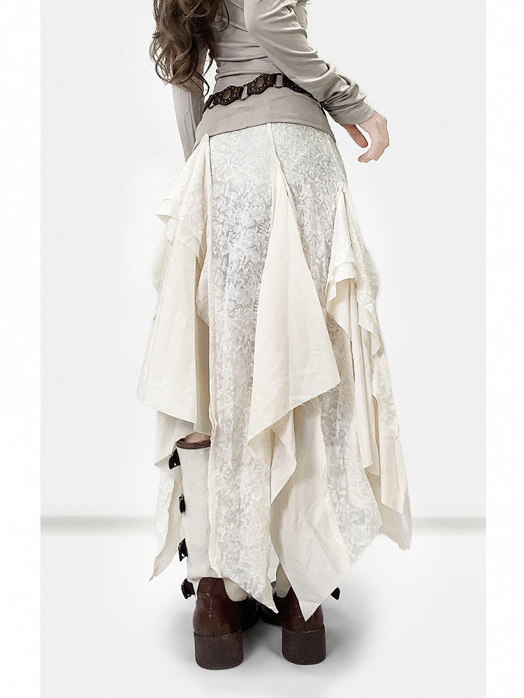 White Contrast Lace Patches Asymmetrical Hem Skirt