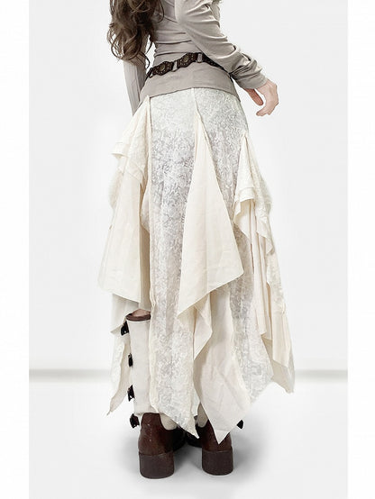 White Contrast Lace Patches Asymmetrical Hem Skirt