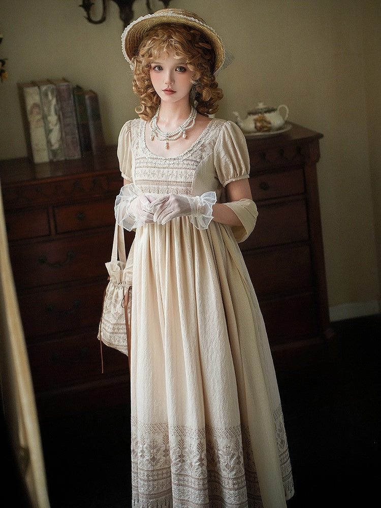 Brown Vintage Embroidery Empire Waist Elegant Lolita One Piece Long/Short Version