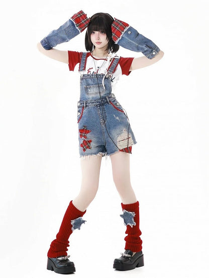 Blue Distressed Holes Raw Hem Plaid Star Appliques Denim Overall Shorts with Free Armwears