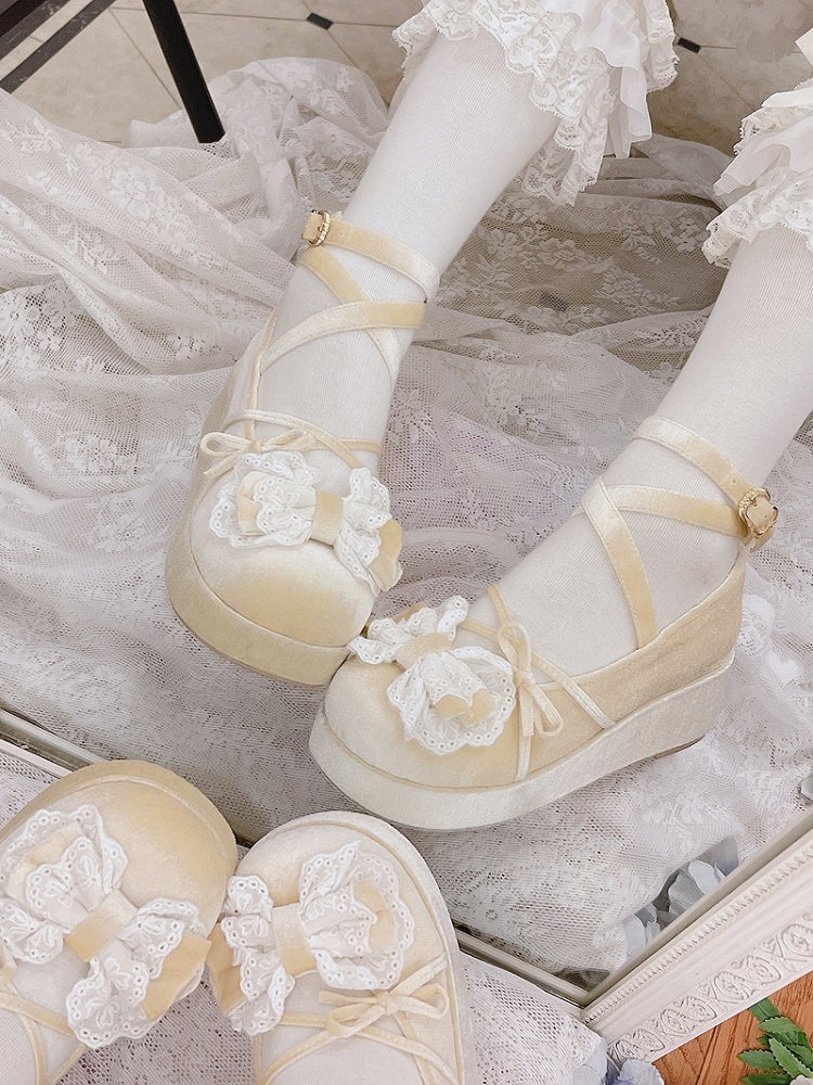 Champagne Bow Accents Velvet Round Toe Platforms Crisscross Ankle Strap