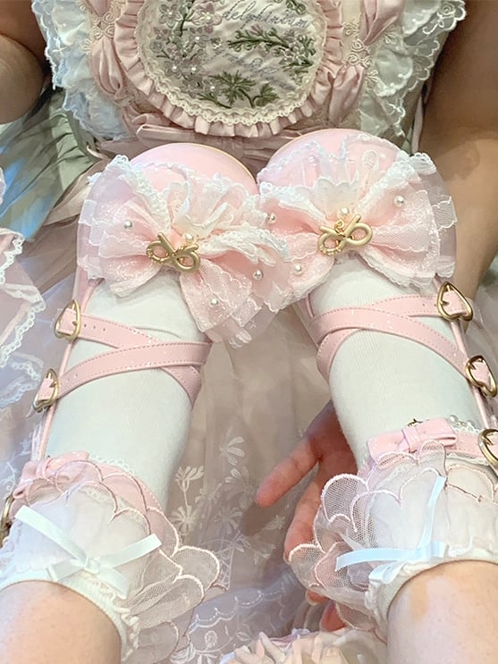 Light Pink Beaded Decorated Bow at Top Crisscross Design Lace Trim Sweet Lolita Shoes