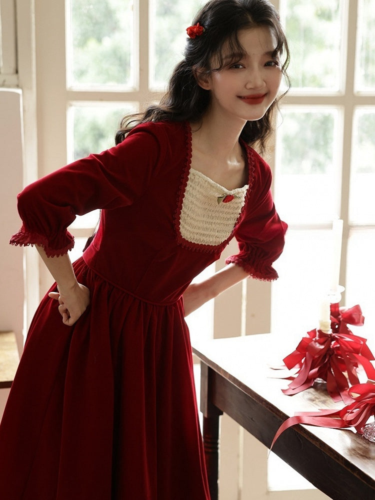 Wine Red Vintage Rose Square Neckline Dress