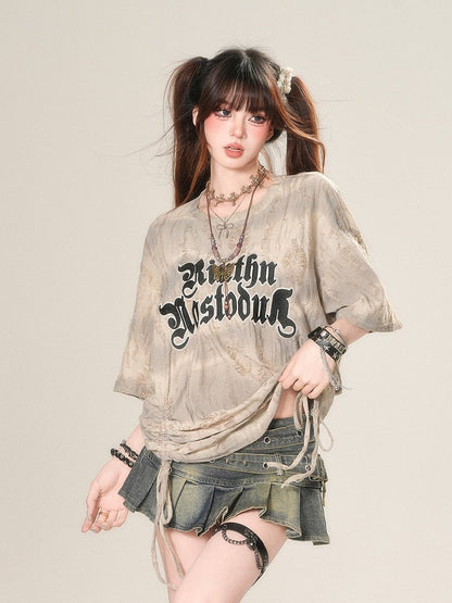 Apricot Letter Print Drawstring Waist Distressed Holes Loose T-Shirt