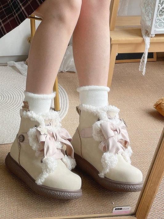 Plush Lining with Pink Bow Decor & Classic Lacing Beige Boots in Sweet Lolita