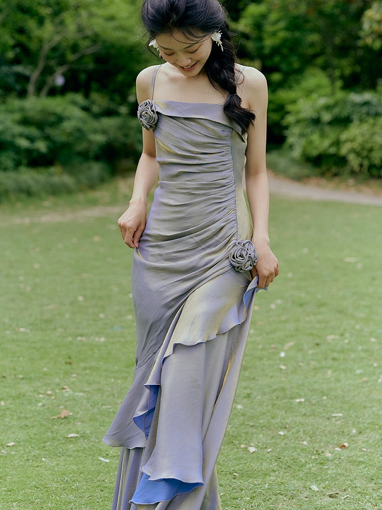 Purple Floral Mermaid Skirt Flounce Hem Summer Cami Dress