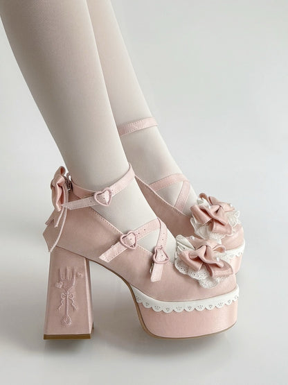 Pink Lolita Lace Bowknot Buckle Straps Fork Embroidery Platform Block High Heels