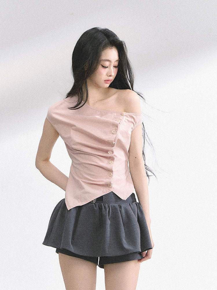 Pink Asymmetrical Neckline Front Button Placket T-shirt Self-tie Bowknot at Back