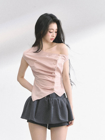 Pink Asymmetrical Neckline Front Button Placket T-shirt Self-tie Bowknot at Back