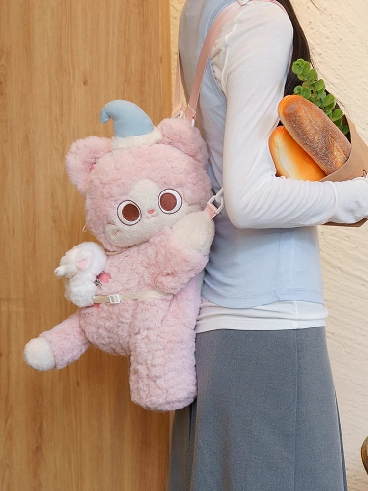 Pink Cute Plush Kitty Backpack/Crossbody Bag + White Bowknot Decorated Lamb Backpack Keychain
