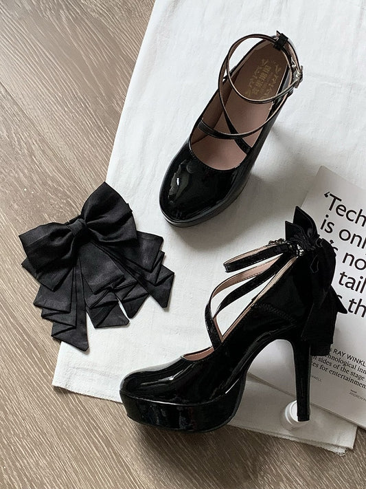 Polished Black Detachable Bow Hime Lolita Platform High Block Heels