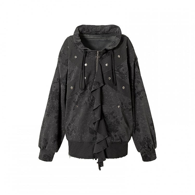 Black&White Stripe/Grey Rose Pattern Jacket with Flounce Hem