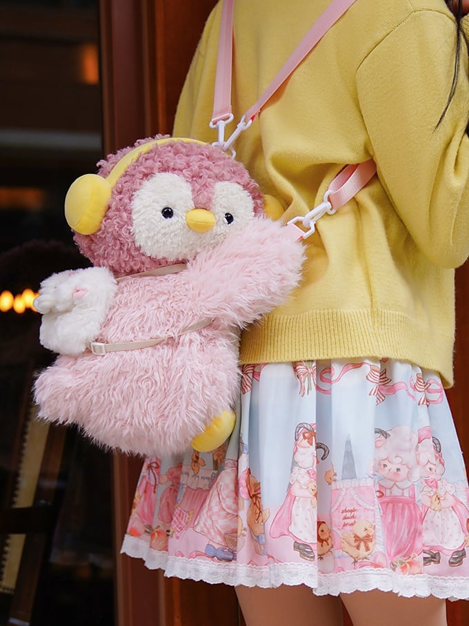 Pink Cute Penguin Plush Backpack/Crossbody Bag + 2 Options Keychain Middle/Large Size