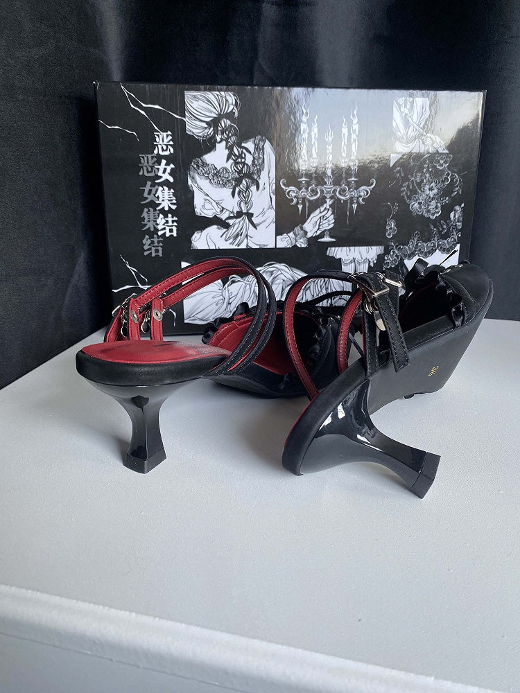 Black Lace-up Detail Pointed Toe Gothic Slingback Sandals