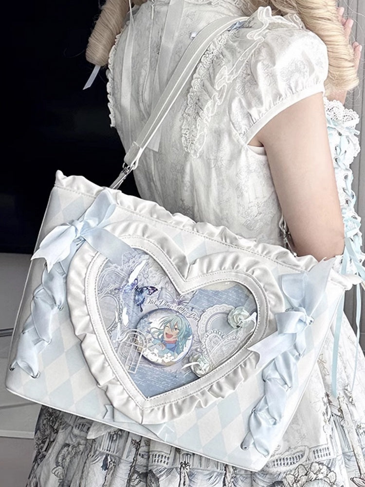 Blue Diamond Pattern Lace-up Design Ruffles Trim Heart PU Tota Ita Bag