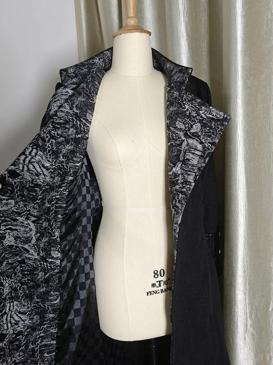 Ouji Fashion Black Leather Cuffs Gothic Lolita Woolen Coat with Silver Inner Lining