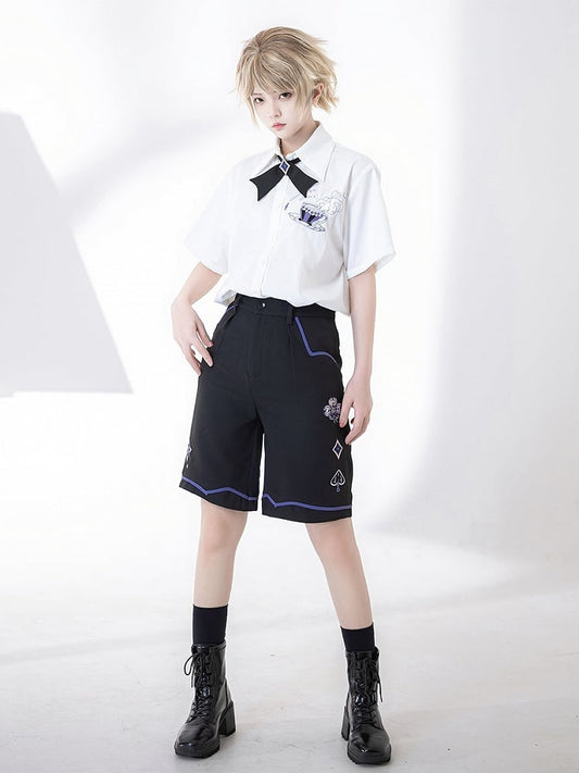 Black Ouji Summer Shorts with Spade Diamond Club Embroidery