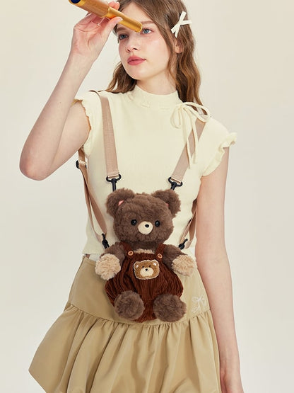 Chocolate Brown Cute Plush Bear Backpack + Overall Pants Middle/Large Size