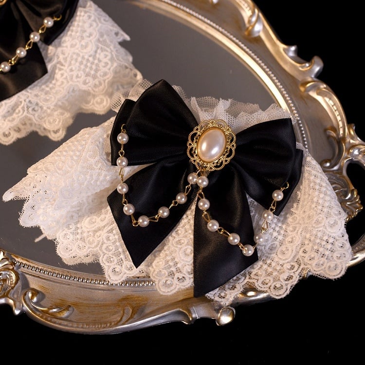 Black/White Beaded Charm Bowknot Decorated Lace Wrist Cuffs