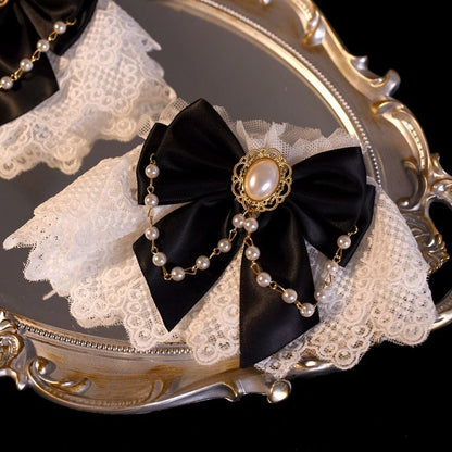 Black/White Beaded Charm Bowknot Decorated Lace Wrist Cuffs