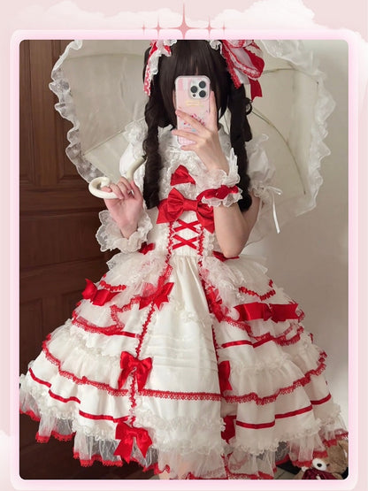 White and Red Sweet Bow Accents Princess Lolita Jumper Skirt