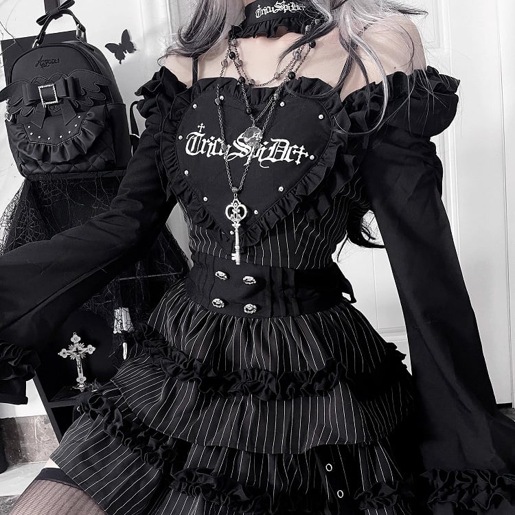 Black Gothic Off-the-shoulder Neckline Letter Print Striped Pattern Bell Sleeves Dress