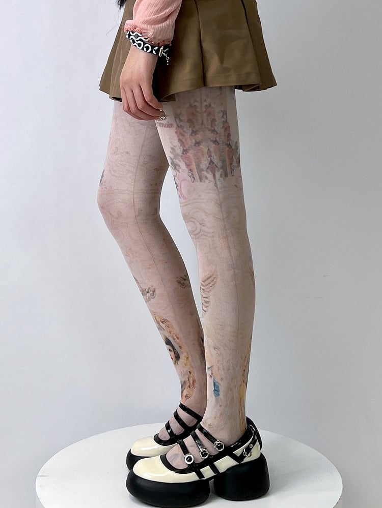 Nude Cartoon Girl And Cat Print Tights