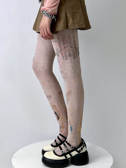 Nude Cartoon Girl And Cat Print Tights