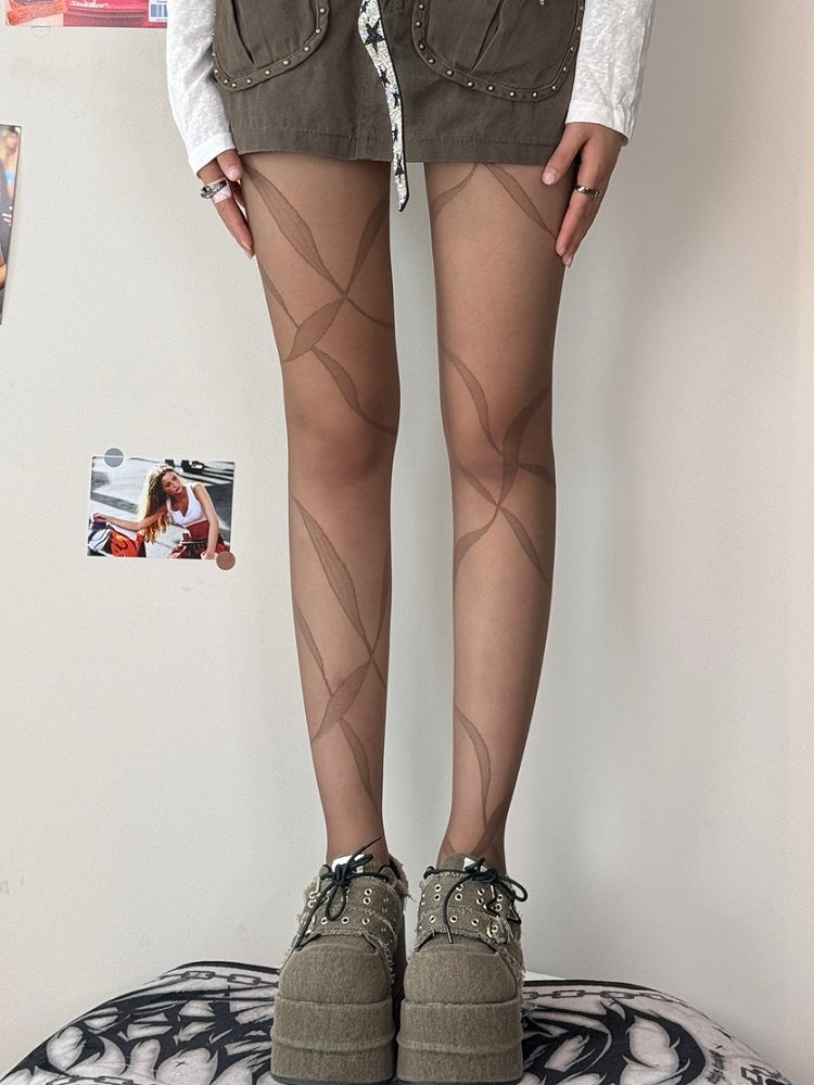 Black/Whiye/Brown/Gray Ribbon Print Tights