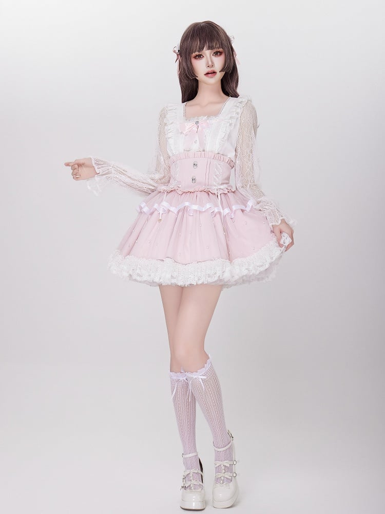 Allover Beads Pink High Waist Jirai Kei Skirt with Lace Up and Shirring Waist